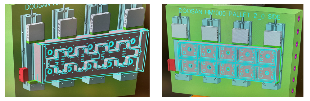 A CAD model of the front & back of the upper chamber, a part used in Ross Industries' tray sealers for food packaging